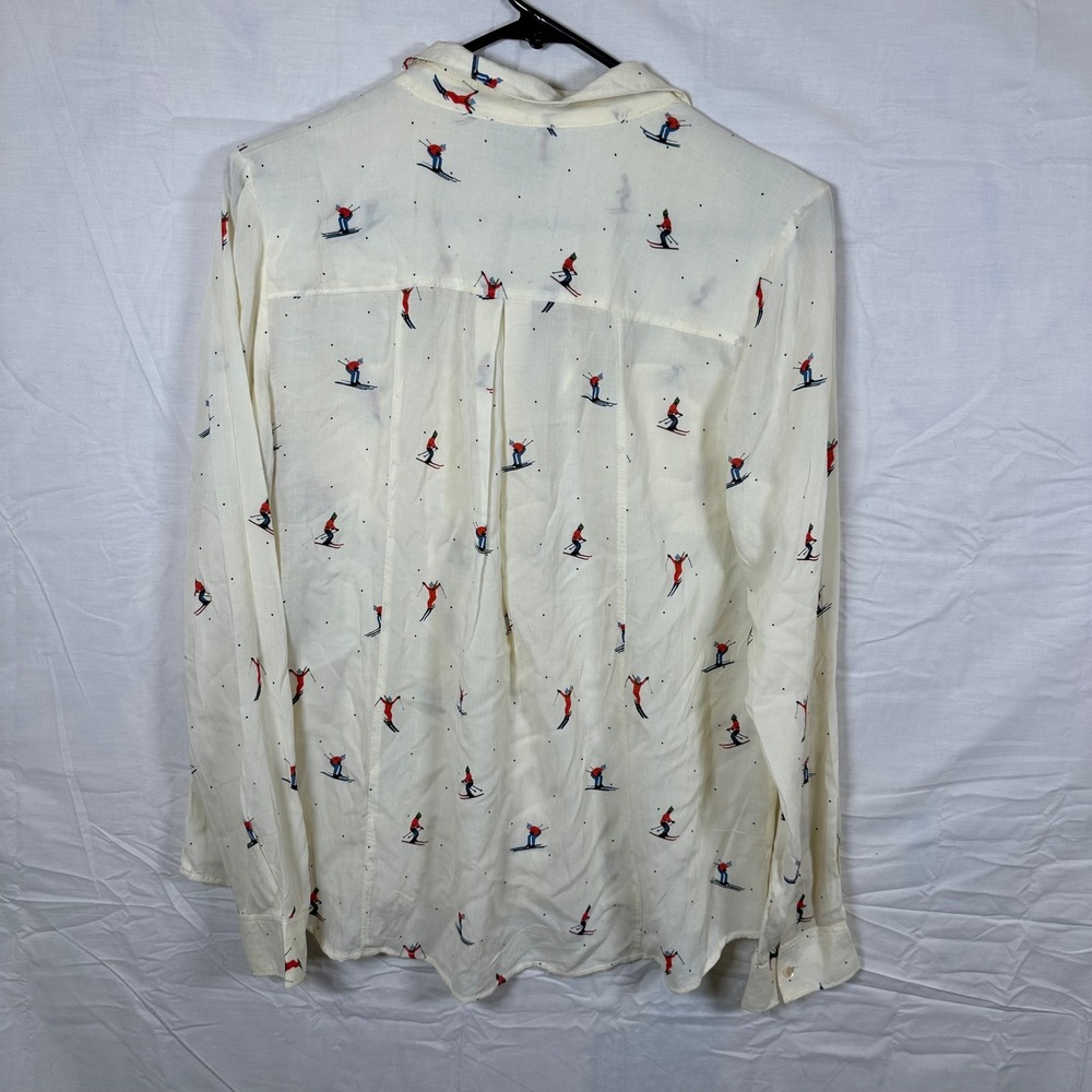 Maeve Anthropologie Skier Print Button Down Blouse Ivory Rayon Long Sleeve Sz 4 - Picture 6 of 8